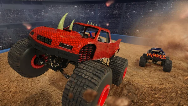 Monster Trucks Cars Illustration Riding Stadium Background — Stock Photo, Image