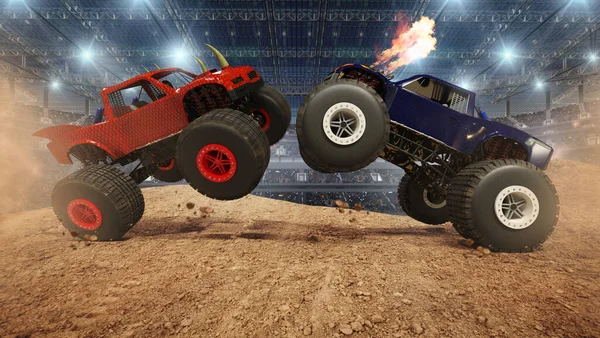 Monstertrucks Autos Illustration Fahrt Auf Stadion Hintergrund — Stockfoto