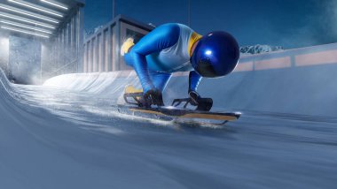 İskelet sporu. Bobsled. Kızak. Atlet bir kızakla iniyor. 