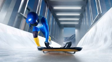 İskelet sporu. Bobsled. Kızak. Atlet bir kızakla iniyor. 