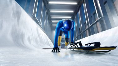 İskelet sporu. Bobsled. Kızak. Atlet bir kızakla iniyor. 