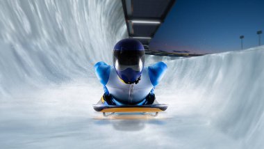 İskelet sporu. Bobsled. Kızak. Atlet bir kızakla iniyor. 