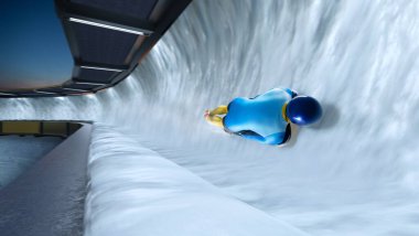 İskelet sporu. Bobsled. Kızak. Atlet bir kızakla iniyor. 