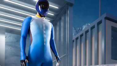 İskelet sporu. Bobsled. Kızak. Atlet bir kızakla iniyor. 