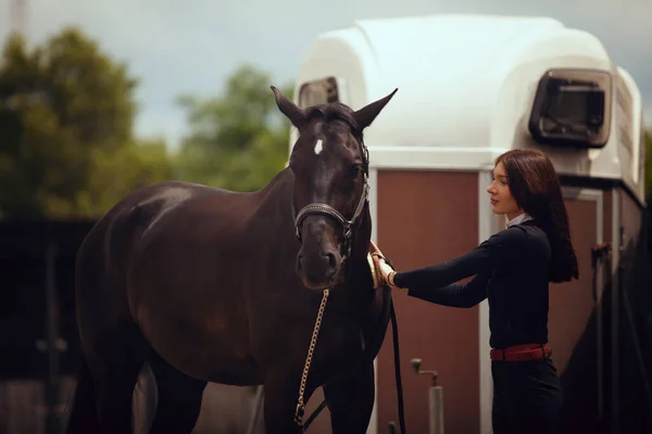 Sport Equestre Giovane Ragazza Cavalca Cavallo — Foto Stock