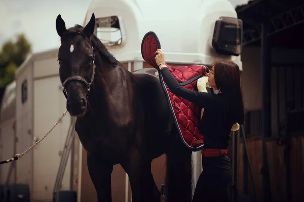 Desporto Equestre Menina Monta Cavalo — Fotografia de Stock