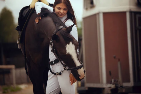 Equestrian Sport Young Girl Rides Horse — Stock Photo, Image