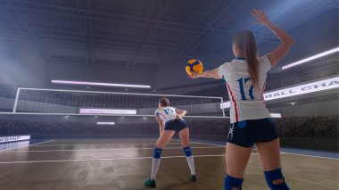 Profesyonel kadın voleybol oyuncuları iş başında.