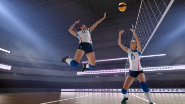 Profesyonel kadın voleybol oyuncuları iş başında.