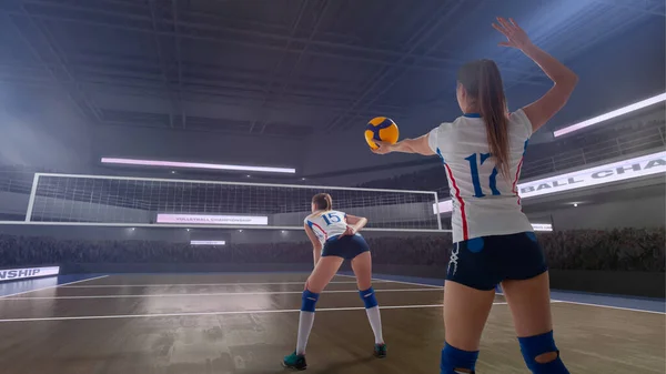Female professional volleyball players in action.