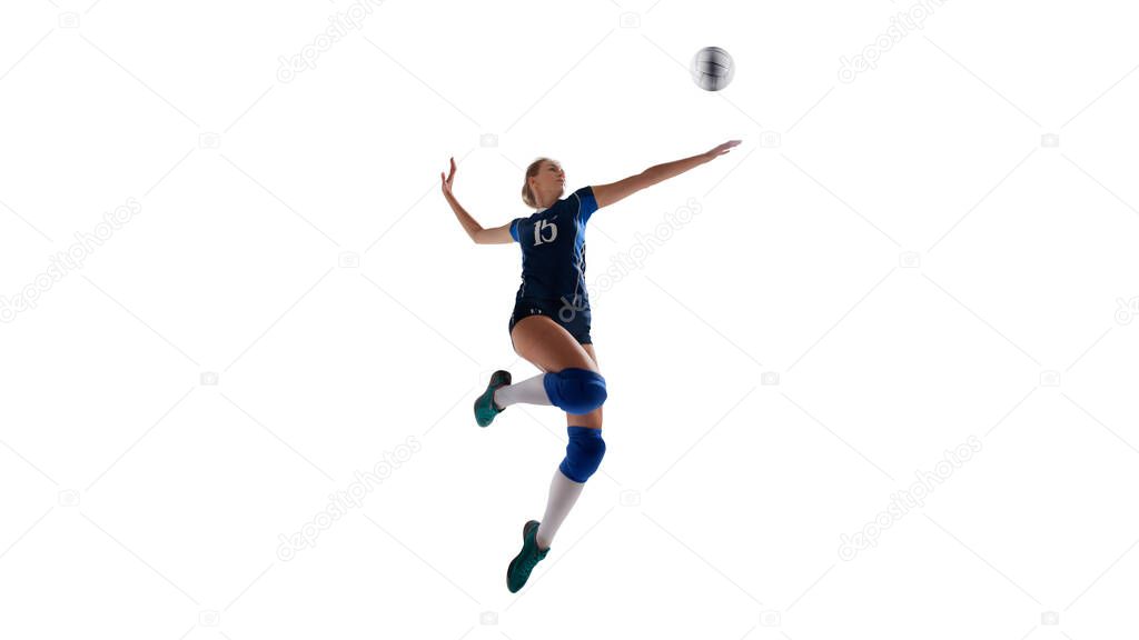 Female professional volleyball players in action on white backgr