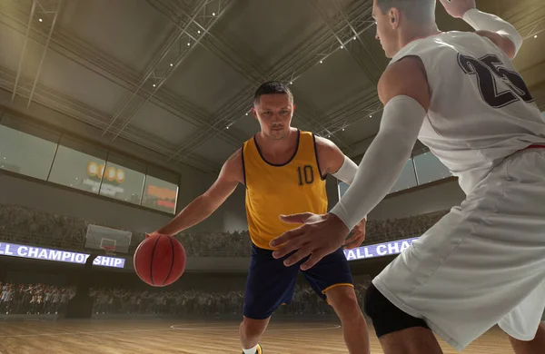 Basketbolcular maç boyunca büyük profesyonel arenada.