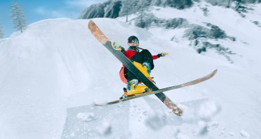 Kayak yapıyorum. Zıplayan kayakçı. Olağanüstü kış sporları.