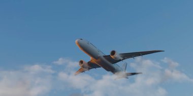 Gökyüzünde uçan beyaz yolcu uçağı arka planda inanılmaz bulutlar. 3d hazırlayıcı. 