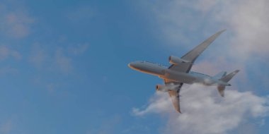 Gökyüzünde uçan beyaz yolcu uçağı arka planda inanılmaz bulutlar. 3d hazırlayıcı. 