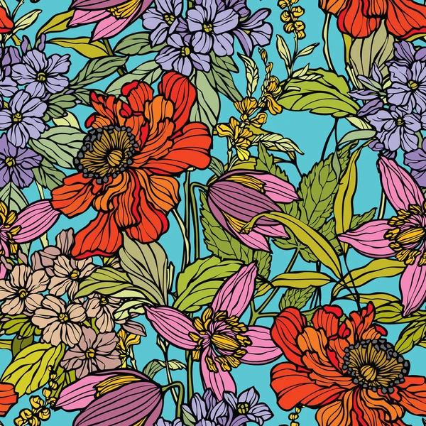 Seamless pattern with flowers poppy and hydrangea