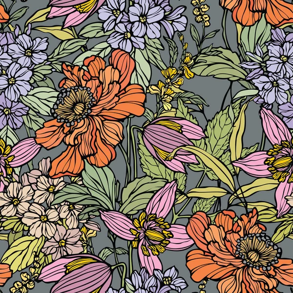 Nahtloses Muster Mit Blumen Mohn Und Hortensie — Stockvektor
