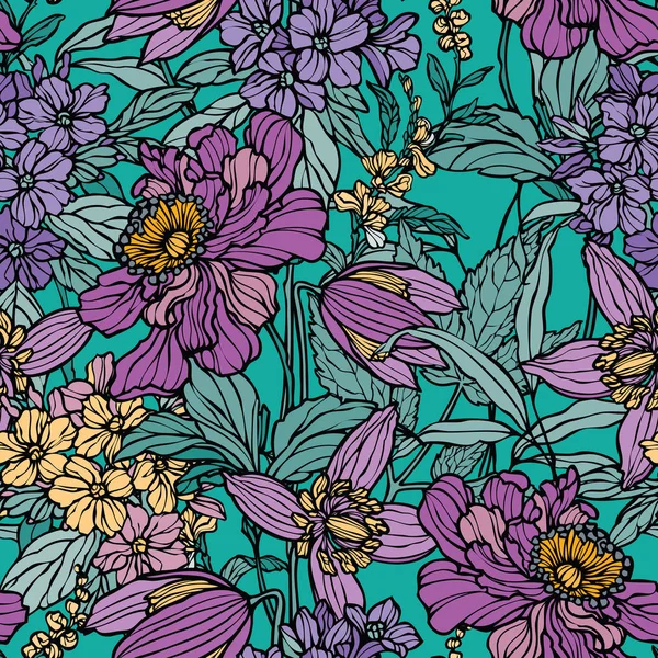 Seamless pattern with flowers poppy and hydrangea