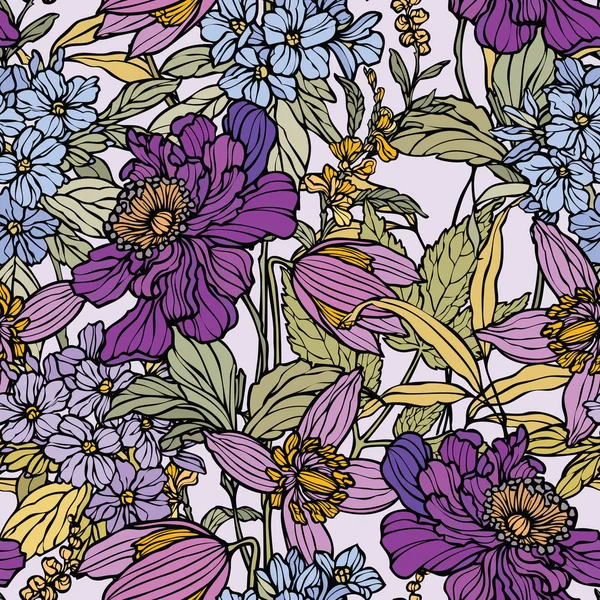 Seamless pattern with flowers poppy and hydrangea