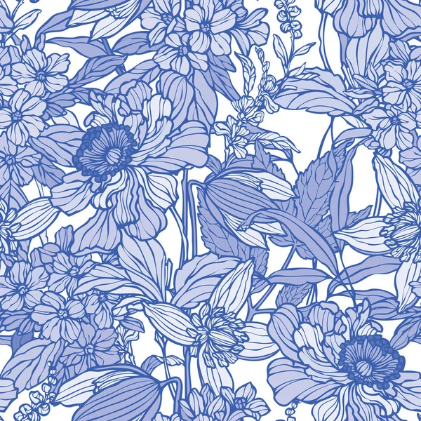 Seamless Pattern Flowers Poppy Hydrangea — Stock Vector