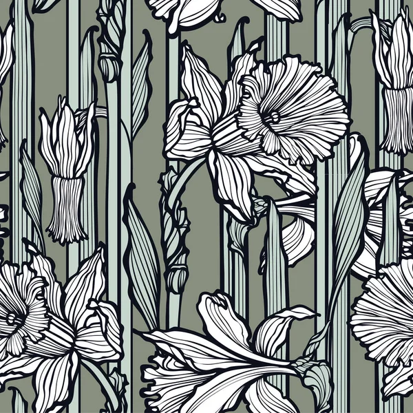 Art Nouveau Tarzında Güzel Nergis Çiçekleri Ile Seamless Modeli — Stok Vektör