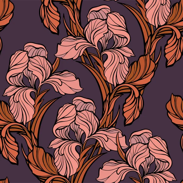 ベクトル アイリス花の植物の花 野生の春の葉の野生の花を隔離 シームレスな背景パターン ファブリック壁紙 Print — ストックベクタ