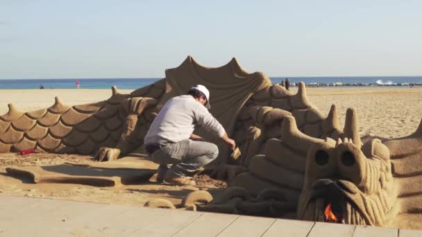 Un hombre construye una figura dragón de arena en la playa — Vídeos de Stock
