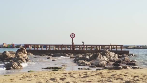 Marea verso il mare con rocce e ponte — Video Stock