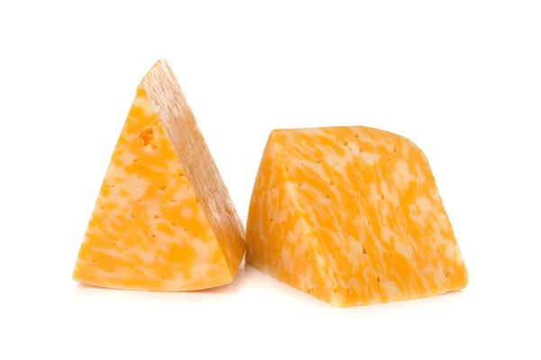 Marble cheese on a white background. Two triangles of cheese clo