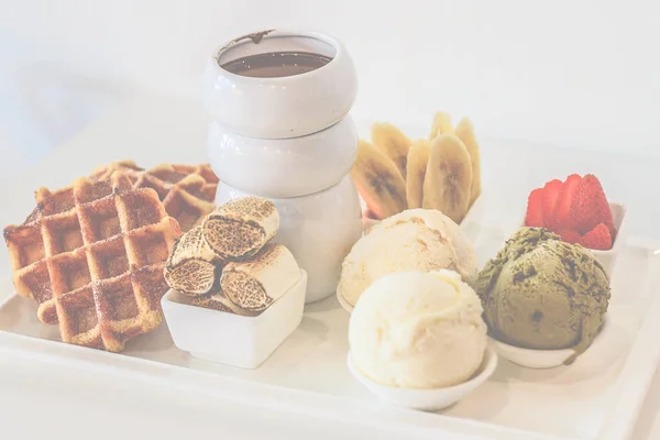 Waffle Set Chocolate Fondue Banana Marshmallow Strawberry Ice Cream — Stock Photo, Image