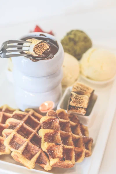 Waffle Set Chocolate Fondue Banana Marshmallow Strawberry Ice Cream — Stock Photo, Image