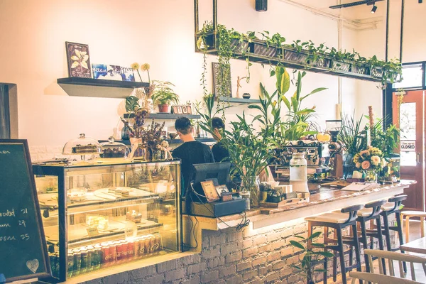 güzel Cafe masa oturma koltukları ve bitkiler ile