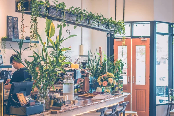 テーブル席の椅子や植物の美しいカフェ — ストック写真