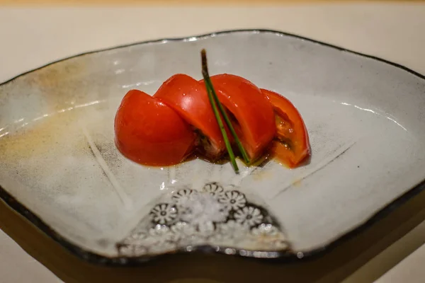 Palate Refresher Cherry Tomato Sea Salt Porcelain China Plate — Stock Photo, Image