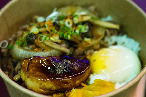 Wagyu Sukiyaki Don, Foie gras, Sliced wagyu short plate, onsen egg, shimeiji mushrooms, sauteed onions, house blend sukiyaki sauc