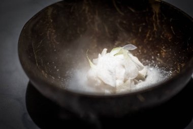 Ev nata de coco, aloe vera, taze pazar hindistan cevizi dokuları bir hindistan cevizi kabuğu kase servis yaptı