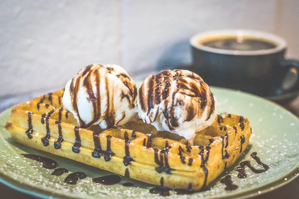 Waffles With Ice Cream Tasty Belgium buttermilk waffle served with two scoops of vanilla ice cream