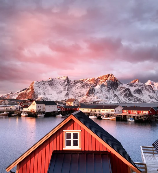 Houses Lofoten Islands Bay Sunrise Natural Landscape Sunrise Norway — Stock Photo, Image