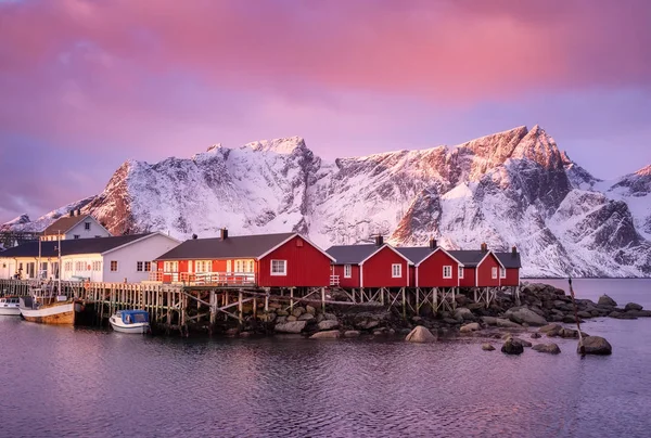 Houses Lofoten Islands Bay Natural Landscape Sunrise — Stock Photo, Image