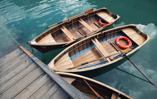 Boats Lifebuoy Lake Braers Lake Dolomites Alps Italy Beautiful Composition — Stock Photo, Image