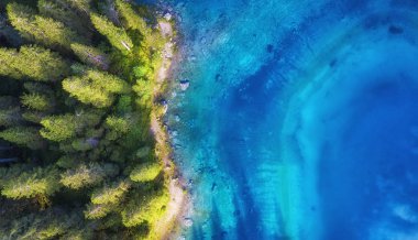 Havadan görünümü göl ve orman. Doğal peyzaj dron üzerinden. Dolomit alps, İtalya için hava hava manzara. 