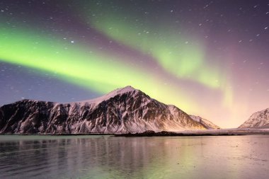 Aurora borealis Lofoten Adaları, Norveç. Dağlar yukarıda yeşil Kuzey ışıkları. Kutup ışıkları ile gece gökyüzü. Aurora ve su yüzeyinde yansıma ile gece kış manzarası. Norveç'te doğal arka plan