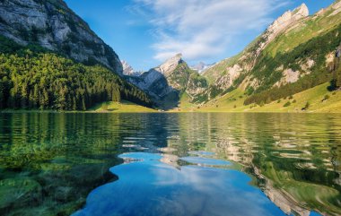 Dağ ve göl İsviçre. Su yüzeyinde yansıma. Doğal peyzaj yaz saati, İsviçre. Göl ve dalga
