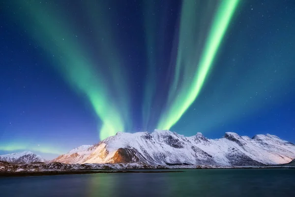 Nordlichter Auf Den Lofoten Norwegen Grüne Nordlichter Über Den Bergen — Stockfoto