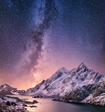 Mountans ve gece zaman su yüzeyinde yansıma. Deniz Körfezi ve dağlar gece zaman. Dağlar, Norveç yukarıda Samanyolu. Norveç'te güzel doğal peyzaj