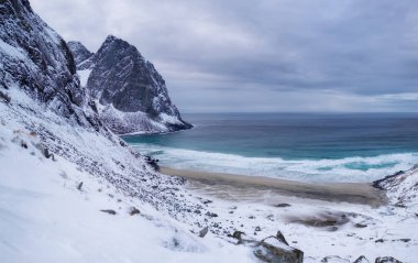 Okyanus ve Lofoten Adaları, Norveç Dağları Panoraması. Dalgalar deniz kıyısında. Norveç'te doğal peyzaj
