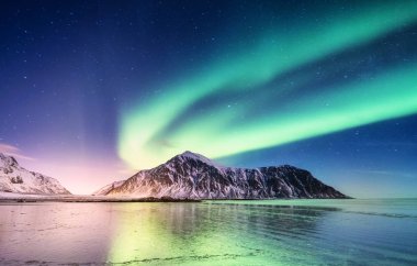 Aurora borealis Lofoten Adaları, Norveç. Dağlar yukarıda yeşil Kuzey ışıkları. Kutup ışıkları ile gece gökyüzü. Aurora ve su yüzeyinde yansıma ile gece kış manzarası. Norveç'te doğal arka plan