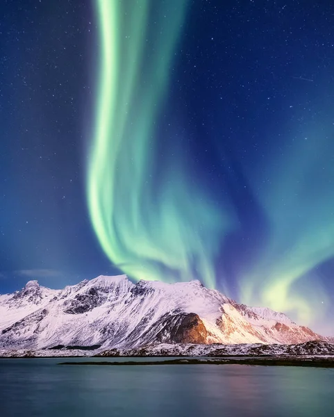 Aurora borealis Lofoten Adaları, Norveç. Dağlar yukarıda yeşil Kuzey ışıkları. Kutup ışıkları ile gece gökyüzü. Aurora ve su yüzeyinde yansıma ile gece kış manzarası. Norveç'te doğal arka plan