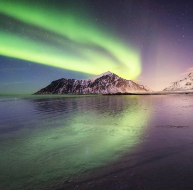 Aurora borealis Lofoten Adaları, Norveç. Dağlar yukarıda yeşil Kuzey ışıkları. Kutup ışıkları ile gece gökyüzü. Aurora ve su yüzeyinde yansıma ile gece kış manzarası. Norveç'te doğal arka plan