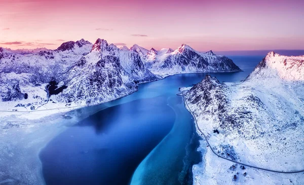 Luftaufnahme Der Lofoten Norwegen Berge Und Meer Bei Sonnenuntergang Naturlandschaft — Stockfoto